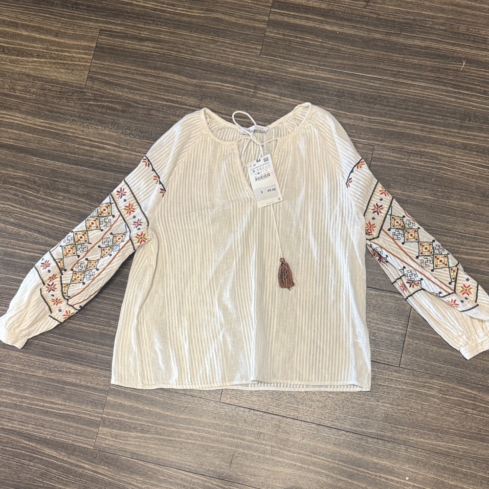 Zara Cream Blouse with Embroidered Sleeves